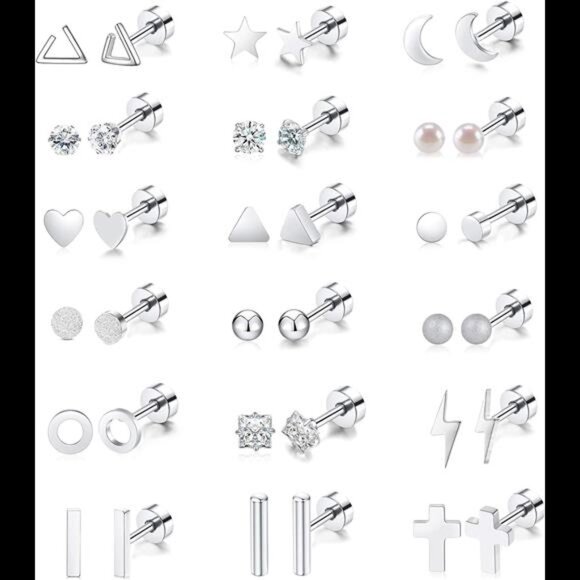 18 Pairs Tiny Cartilage Stud Earrings for Women Men Star Moon Heart Disc Ball - Picture 1 of 8